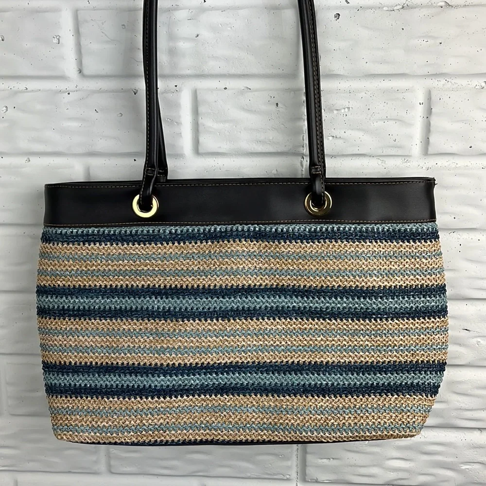 CHARTER CLUB CLASSICS STRIPE WOVEN VEGAN LEATHER ZIP TOP TOTE